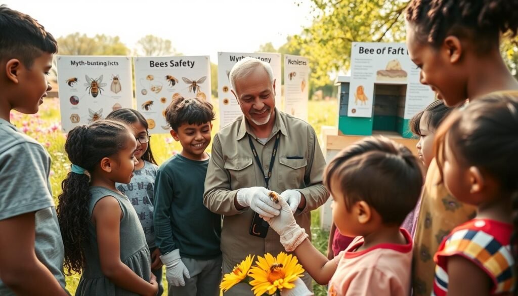 A vibrant outdoor scene showcasing a diverse group of children in modest casual clothing, gathered around a knowledgeable adult wearing professional attire, demonstrating bee safety practices. In the foreground, a child gently observes a bee on a flower while wearing protective gloves. In the middle ground, the adult is explaining the importance of staying calm around bees, surrounded by visual aids such as illustrated posters of bee anatomy and myth-busting facts. The background features a sunny park with blooming flowers and a beehive, emphasizing a safe environment for learning. Soft, warm lighting enhances the friendly atmosphere, inviting curiosity and engagement. The image captures a moment of education and wonder, celebrating the relationship between bees and nature.