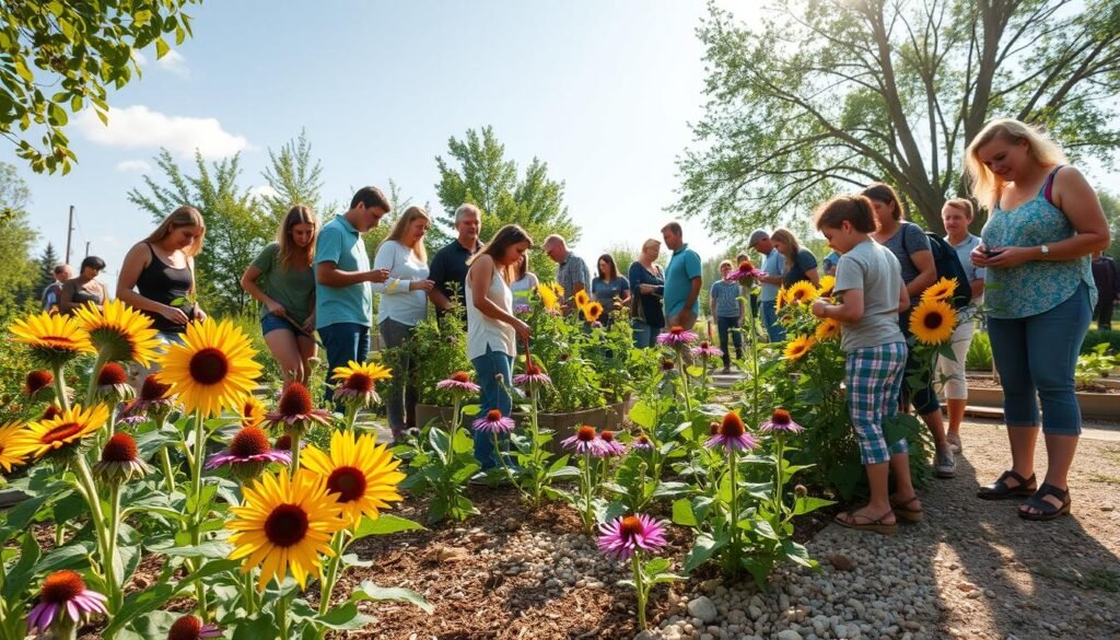 A vibrant pollinator habitat installation, showcasing a variety of flowering plants like sunflowers and purple coneflowers, teeming with bees and butterflies. In the foreground, a diverse group of individuals in modest casual attire carefully tending to the plants, using gardening tools. The middle ground features raised garden beds filled with native plants, surrounded by natural mulch and small stones. In the background, a sunny sky with soft, dappled sunlight filtering through leafy trees, casting playful shadows on the ground. The atmosphere is lively and educational, capturing the essence of hands-on outreach for pollinator conservation. The image should evoke a sense of community involvement and environmental stewardship.