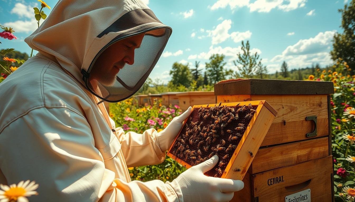 An experienced beekeeper inspecting a hive, the kind of demonstrated hands-on skill a Master Beekeeper program's practical assessment component is designed to evaluate