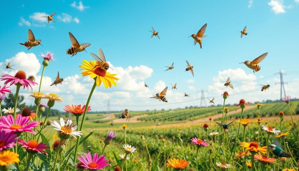 A vibrant scene depicting various pollinators, such as bees, butterflies, and hummingbirds, actively engaging with flowering plants in a managed landscape. In the foreground, colorful wildflowers bloom, attracting different pollinators, showcasing their delicate movements in clear detail. The middle ground features neatly maintained patches of native vegetation alongside infrastructure like power lines or transport routes, subtly indicating human management of this land. The background shows a clear blue sky dotted with fluffy clouds, with soft sunlight casting gentle shadows. The atmosphere is lively and educational, portraying harmony between nature and human activity, emphasizing the importance of pollinators in managed environments. Use a wide-angle lens to capture the richness of the scene with natural lighting for a warm and inviting effect.