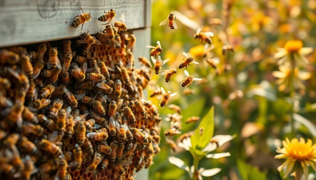 A vibrant scene of a foraging honeybee colony in action. In the foreground, a cluster of worker bees buzz around the hive entrance, their wings a blur as they depart and return laden with nectar and pollen. The middle ground reveals the organized chaos of the colony, with bees performing various tasks - guarding the hive, grooming their nestmates, and processing the collected resources. In the background, lush foliage and flowers bathed in warm, golden sunlight create a serene, natural backdrop, complementing the industrious activity of the hive. The composition captures the intricate division of labor and the efficient foraging ecology that sustains the health and vibrancy of the colony.
