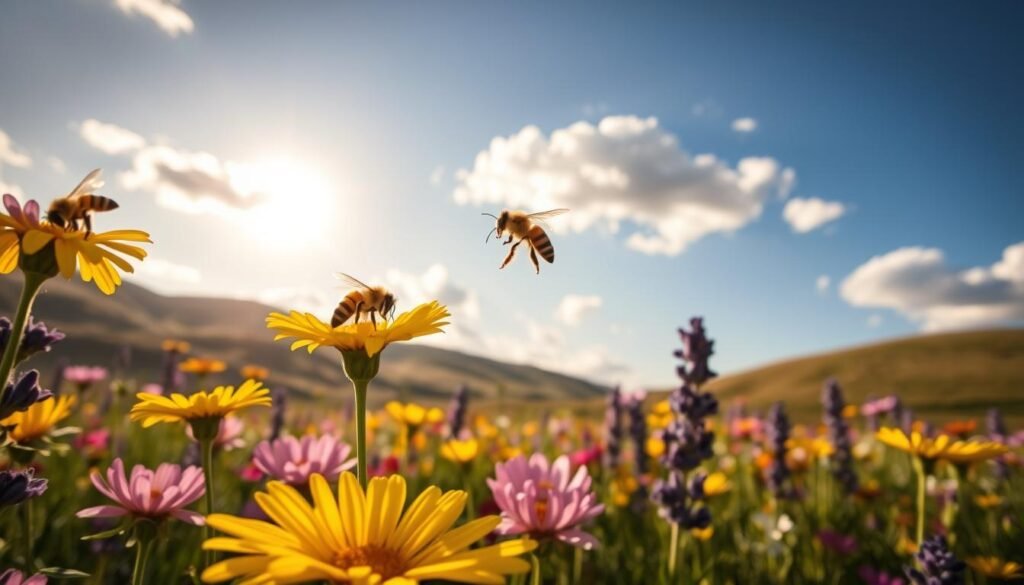 A vibrant scene of bees foraging on colorful wildflowers in a sunlit meadow. In the foreground, several honeybees delicately land on bright yellow daisies and purple lavender, their wings glistening in the sunlight. The middle ground features a lush array of wildflowers with varied petals and colors, creating a rich tapestry of nature. In the background, gentle hills roll under a clear blue sky with occasional fluffy white clouds, conveying a serene atmosphere. The golden hour lighting casts a warm glow, enhancing the vivid colors of the flowers and creating soft shadows. The composition is shot from a low angle, providing a close-up view of the bees in action, emphasizing the importance of supporting these essential pollinators in natural habitats.
