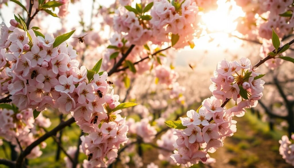 A vibrant springtime orchard comes to life, the sun's warm glow filtering through delicate cherry blossoms. In the foreground, clusters of pale pink petals sway gently, their centers alive with busy pollinators - bees, butterflies, and other beneficial insects darting from flower to flower. The middle ground reveals the graceful, branching structure of the cherry trees, their leaves just unfurling to create a verdant tapestry. Beyond, the background recedes into soft, hazy focus, hinting at the broader landscape that supports this essential cross-pollination dance. Crisp, high-resolution details capture the intricate, fragile beauty of this vital ecological interplay. A vibrant springtime orchard comes to life, the sun's warm glow filtering through delicate cherry blossoms. In the foreground, clusters of pale pink petals sway gently, their centers alive with busy pollinators - bees, butterflies, and other beneficial insects darting from flower to flower. The middle ground reveals the graceful, branching structure of the cherry trees, their leaves just unfurling to create a verdant tapestry. Beyond, the background recedes into soft, hazy focus, hinting at the broader landscape that supports this essential cross-pollination dance. Crisp, high-resolution details capture the intricate, fragile beauty of this vital ecological interplay.