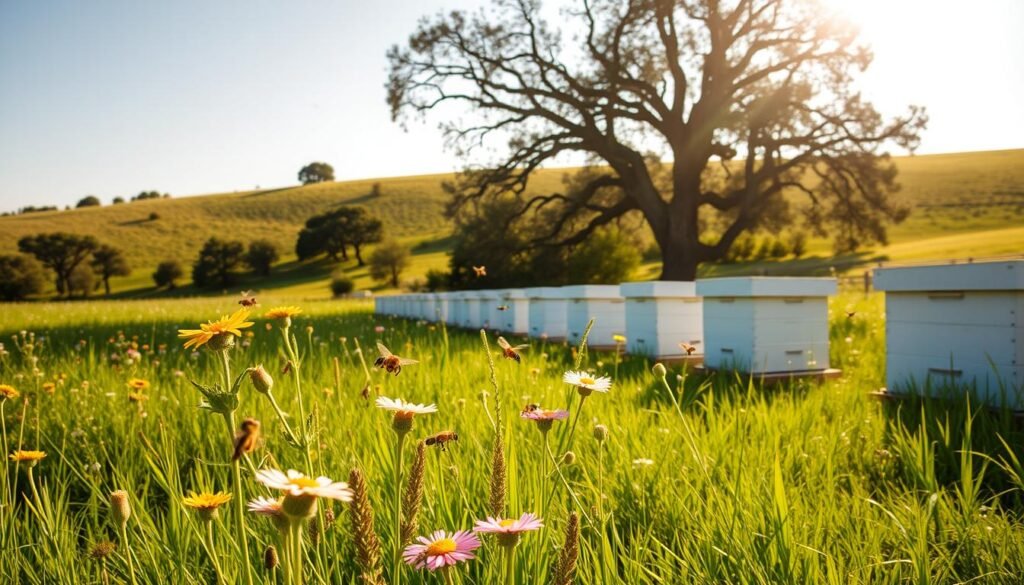 A vibrant, sun-drenched apiary nestled in a lush, verdant meadow. In the foreground, a cluster of honeybees hover gracefully around a row of well-placed, traditional white beehives. The middle ground reveals a diverse array of native wildflowers and grasses, creating a haven for pollinators. In the background, a gentle rolling hill dotted with mature oak trees frames the scene, casting a warm, golden glow over the entire composition. The angle is slightly elevated, providing a panoramic view that captures the harmonious relationship between the managed apiary and the surrounding natural ecosystem. The overall mood is one of tranquility, balance, and the symbiotic coexistence of domesticated and native bee species.