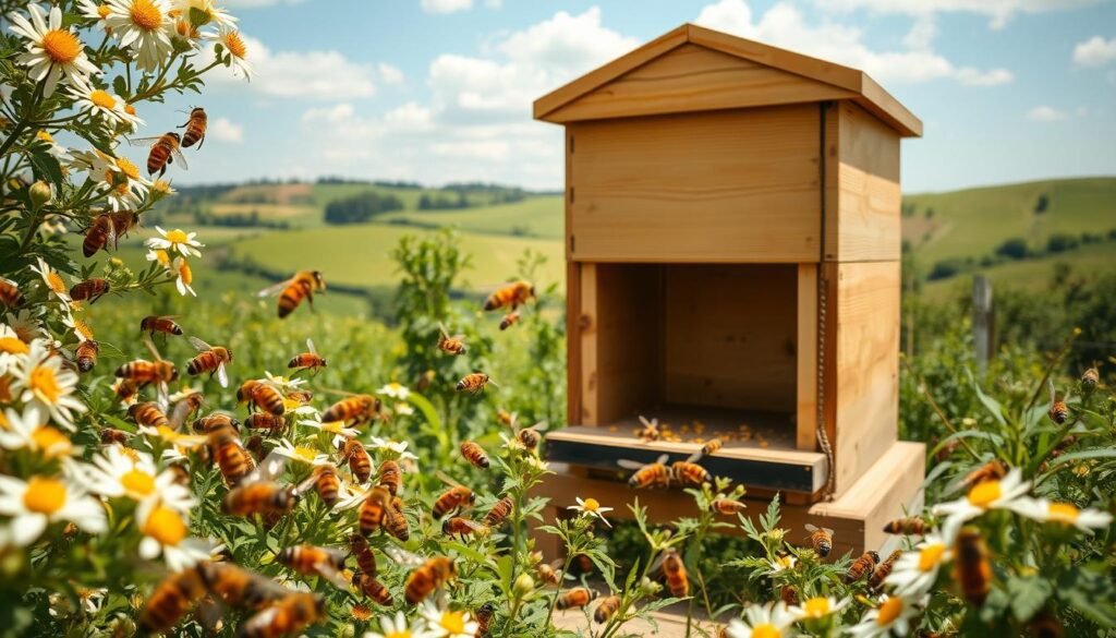 A vibrant, sun-drenched apiary with a lush, verdant backdrop. In the foreground, a colony of honey bees effortlessly glide between blooming flowers, their fuzzy bodies laden with nectar-rich pollen. The middle ground showcases an elegant, wooden beehive, its entrance a bustling hub of activity as the bees diligently manage their precious stores. In the distance, rolling hills and a cloudless sky create a serene, pastoral atmosphere, evoking a sense of harmony between nature and the industrious creatures. The scene is captured through a wide-angle lens, with soft, diffused lighting that accentuates the delicate details and vibrant colors, conveying the idea of a well-balanced nectar flow management.