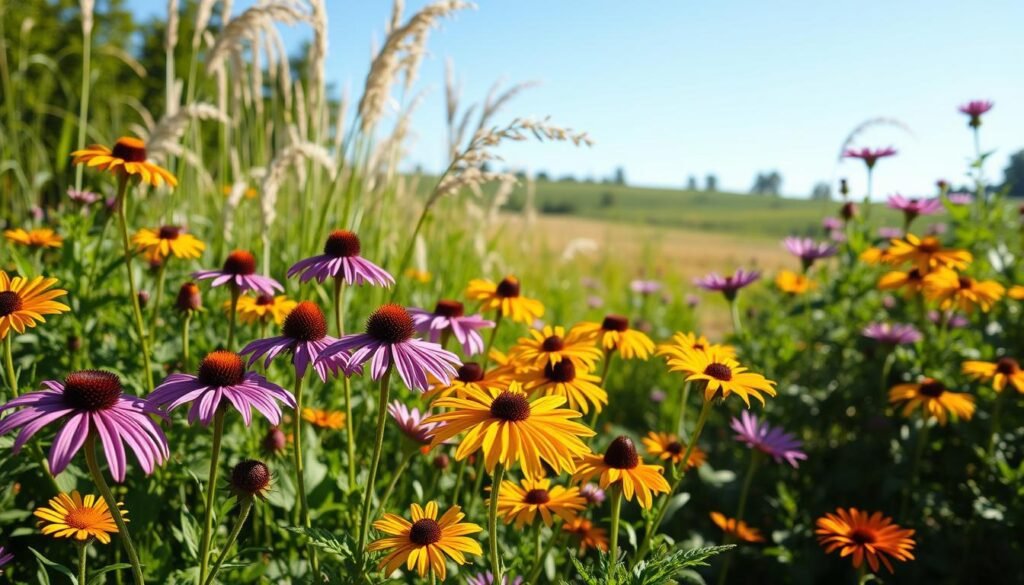A vibrant, sunlit garden scene showcasing diverse native plants from North America that attract bees and other pollinators. In the foreground, colorful blooms such as purple coneflowers and yellow black-eyed Susans are flourishing, surrounded by lush green foliage. The middle ground features tall, swaying grasses and butterfly weed, creating a dynamic habitat. In the background, a soft-focus view of a gentle hillside under a clear blue sky adds depth, with hints of distant trees. The lighting is warm and inviting, highlighting the subtle textures of petals and leaves, resembling a late afternoon in summer. The atmosphere is serene and buzzing with life, visually conveying the importance of these plants for pollinators in their natural environment.