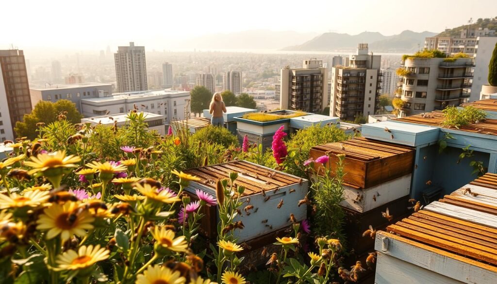A vibrant urban beekeeping scene showcasing the impacts of climate change. In the foreground, healthy beehives teeming with bees, surrounded by blooming flowers adapted to changing temperatures. The middle ground presents a cityscape with modern buildings, some with green roofs and vertical gardens, illustrating urban apiculture. In the background, a hazy sky hints at increased heat, with a distant view of wildfires in the hills. Soft golden light filters through the scene, creating warm highlights and casting gentle shadows. The mood is a mixture of optimism and concern, highlighting resilience in the face of climate challenges. The image should capture the harmony between nature and urban life, emphasizing the importance of beekeeping in adapting to climate change.