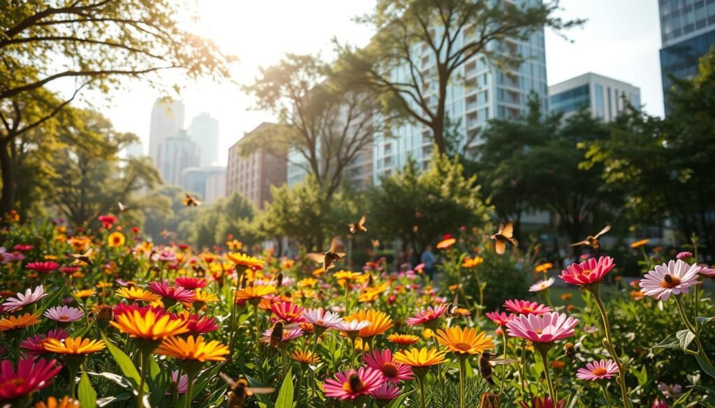 A vibrant urban landscape filled with a diverse array of pollinators. In the foreground, a lush garden bursting with colorful flowers - bees, butterflies, and hummingbirds dance among the blooms, their wings shimmering in the warm, golden sunlight. In the middle ground, towering trees and verdant foliage create a canopy, casting soft, dappled shadows. The background reveals the cityscape, with sleek modern buildings and infrastructure seamlessly integrated, showcasing how urban biodiversity and ecosystem services can enhance urban resilience. The scene exudes a sense of harmony, balance, and the vital interconnectedness of nature and the built environment. A vibrant urban landscape filled with a diverse array of pollinators. In the foreground, a lush garden bursting with colorful flowers - bees, butterflies, and hummingbirds dance among the blooms, their wings shimmering in the warm, golden sunlight. In the middle ground, towering trees and verdant foliage create a canopy, casting soft, dappled shadows. The background reveals the cityscape, with sleek modern buildings and infrastructure seamlessly integrated, showcasing how urban biodiversity and ecosystem services can enhance urban resilience. The scene exudes a sense of harmony, balance, and the vital interconnectedness of nature and the built environment.