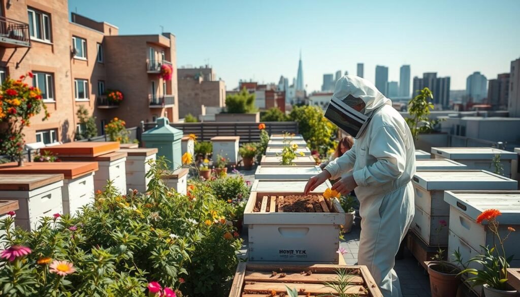 A vibrant urban rooftop garden bustling with activity, showcasing several beekeeping hives surrounded by lush plants and colorful flowers. In the foreground, a beekeeper dressed in professional attire carefully inspects a hive, wearing a protective suit and veil. The middle ground features other urban elements like nearby apartment buildings and flowering balconies, while the background captures a clear blue sky and the silhouette of a city skyline. Natural sunlight bathes the scene, creating a warm and inviting atmosphere. The focus is on the harmony between urban life and nature, emphasizing the unique aspects of urban beekeeping in a modern environment. The image should evoke a sense of sustainability and connection to nature amidst a bustling city.