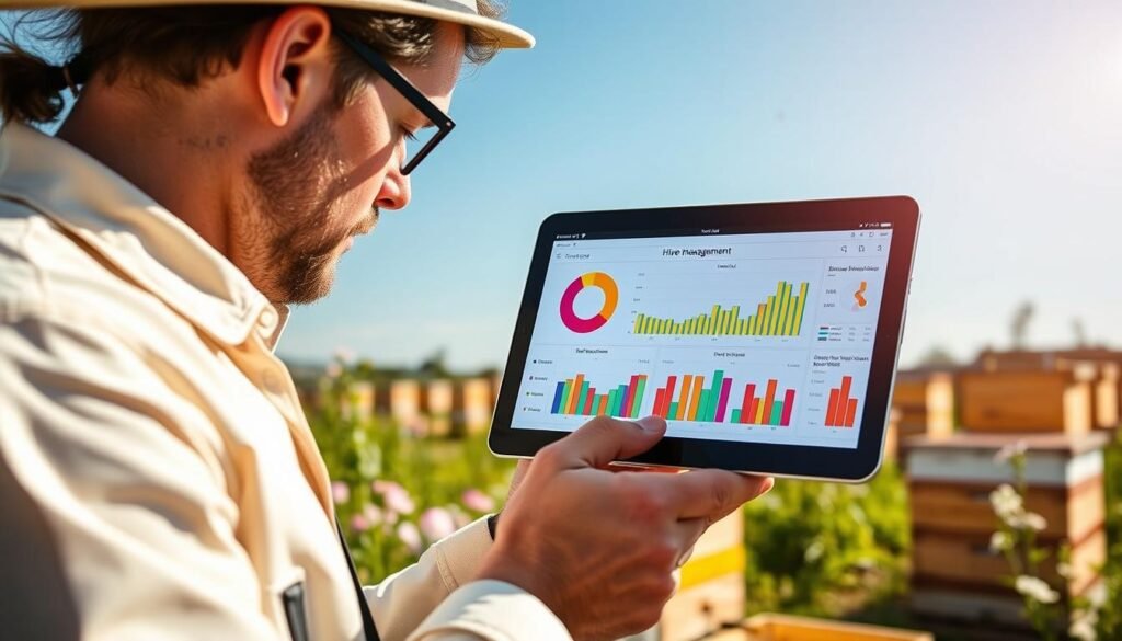 A visually engaging illustration of hive management data displayed on a digital tablet in a bright, natural light setting, with a lush apiary in the background. In the foreground, a focused beekeeper in smart casual attire examines the touchscreen interface featuring colorful graphs and charts representing hive health, honey production, and environmental conditions. The middle layer showcases multiple beehives surrounded by blooming flowers and a clear blue sky, emphasizing the connection between data analysis and successful apiary management. The overall mood is one of productivity and innovation, highlighting the importance of organized data for effective beekeeping practices. Use a wide-angle lens to capture the vibrant scene, enhancing clarity and depth.