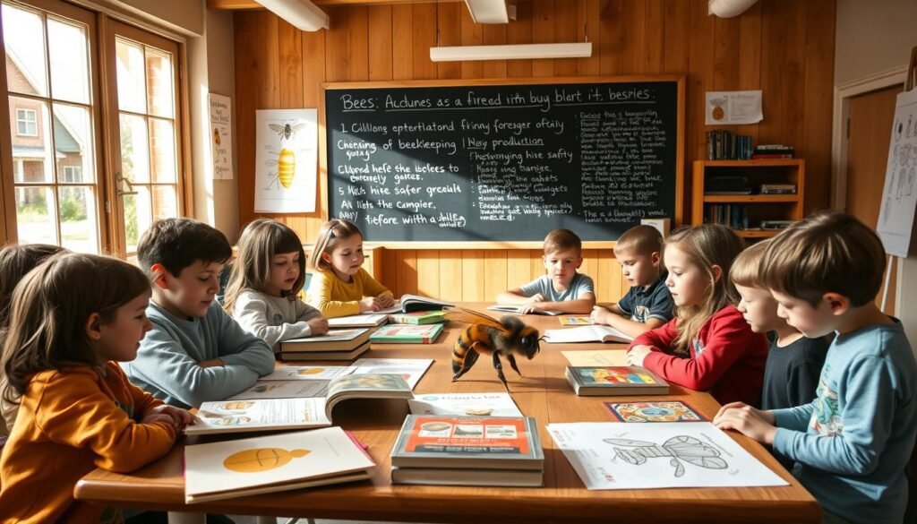 A warm and inviting indoor classroom setting, featuring a large table cluttered with beekeeping books, educational posters of bee anatomy, and colorful diagrams illustrating honey production. In the foreground, a diverse group of children, aged around 8-10, attentively engaged in learning, dressed in comfortable casual clothing. They are examining a friendly bee model and discussing its role in pollination. The middle ground shows a chalkboard filled with handwritten notes about hive safety and bee behavior. The background is bright with natural light streaming through large windows, casting gentle shadows. The atmosphere is one of curiosity and excitement, emphasizing a safe and informative space for children to gain knowledge about bees before they interact with a hive. The image should convey a sense of nurturing education focused on bee awareness.