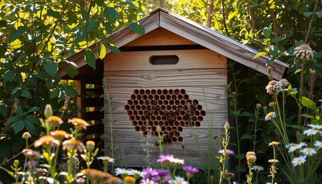 A weathered wooden structure nestled amidst lush greenery, its sloped roof and ventilated sides creating a cozy, sheltered hive. Sunlight filters through the foliage, casting warm, natural lighting upon the scene. The hive's entrance is well-positioned, protected from the elements, allowing easy access for a bustling colony. Intricate hexagonal patterns adorn the structure, reflecting the industry and efficiency of the resident bees. In the foreground, a carefully curated selection of native plants and flowers create a welcoming, bee-friendly microclimate, providing ample foraging opportunities. The overall composition conveys a sense of harmony between the hive and its natural surroundings, showcasing the thoughtful site selection and design principles that help prevent water and humidity problems.