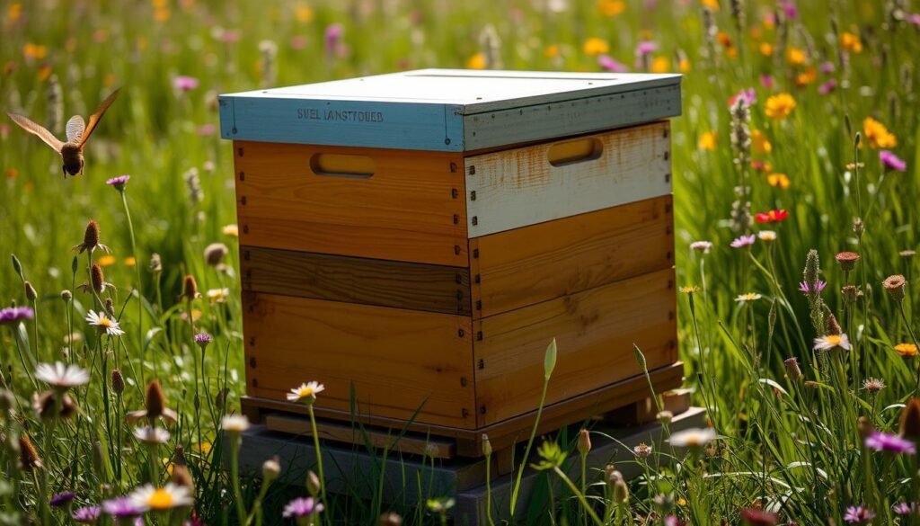 A well-crafted, standardized Langstroth beehive stands in a sun-dappled meadow, its wooden boxes and metal frames gleaming in the warm light. The hive is nestled among tall wildflowers, their vibrant colors creating a lush, natural backdrop. The image is captured from a slight angle, emphasizing the hive's classic rectangular shape and the harmonious integration of the structure within its serene, pastoral setting. The lighting is soft and diffused, casting gentle shadows that add depth and dimension to the scene. The overall composition conveys a sense of order, functionality, and the natural beauty that surrounds this essential tool of the beekeeper's craft. A well-crafted, standardized Langstroth beehive stands in a sun-dappled meadow, its wooden boxes and metal frames gleaming in the warm light. The hive is nestled among tall wildflowers, their vibrant colors creating a lush, natural backdrop. The image is captured from a slight angle, emphasizing the hive's classic rectangular shape and the harmonious integration of the structure within its serene, pastoral setting. The lighting is soft and diffused, casting gentle shadows that add depth and dimension to the scene. The overall composition conveys a sense of order, functionality, and the natural beauty that surrounds this essential tool of the beekeeper's craft.