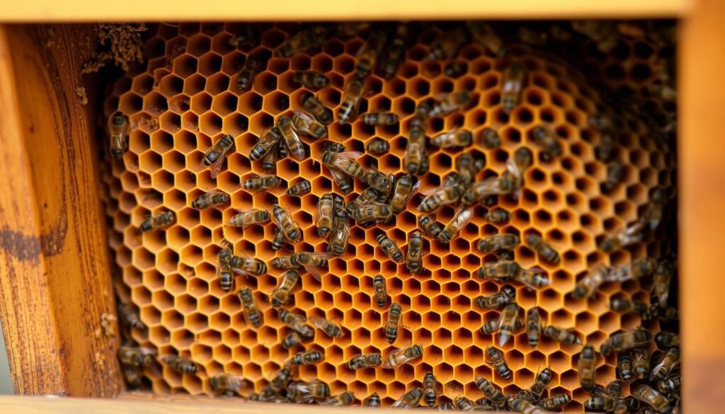 A well-defined brood nest, nestled in a wooden frame, showcasing a vibrant, organized pattern of honeycomb cells. Warm, diffused lighting illuminates the intricate structure, highlighting the geometric precision and the delicate movements of the industrious honeybees. The scene is captured from a slightly elevated angle, allowing for a clear, detailed view of the brood's activity. The background is softly blurred, drawing the viewer's focus to the captivating centerpiece - the heart of the hive, where the future generation of bees is carefully tended.
