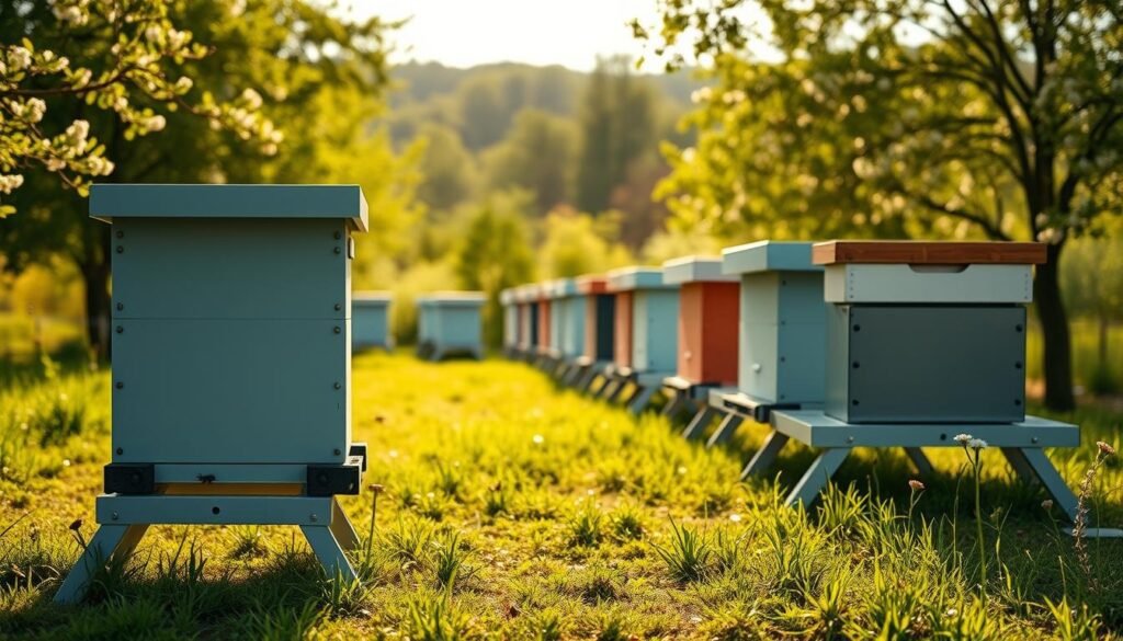 A well-designed hive stand in a professional apiary setting, prominently displayed in the foreground with emphasis on noise-reducing features such as rubber feet and sound-absorbing materials. The middle ground includes a row of neatly arranged beehives on the hive stands, showcasing a variety of designs tailored for efficiency and stability. In the background, a lush green landscape with blooming wildflowers and trees creates a tranquil atmosphere, reflecting an ideal environment for beekeeping. The lighting is soft and warm, simulating early morning sunlight filtering through the trees, casting gentle shadows on the ground. The camera angle is low, focusing on the hive stands and their innovative features, fostering a sense of professionalism and attention to detail.