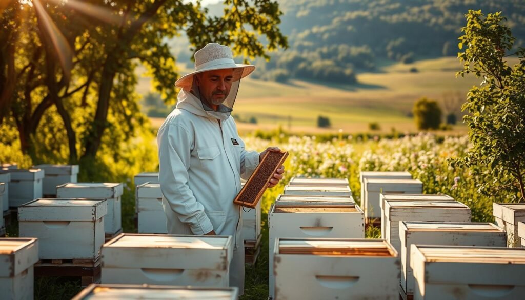 A well-equipped beekeeper in a wide-brimmed hat and protective suit stands amidst a lush, verdant apiary. Sunlight filters through the trees, casting a warm, golden glow over the scene. In the foreground, rows of white, wooden beehives stand in neat, organized lines, their surfaces adorned with delicate honeycomb patterns. The beekeeper, with a serene expression, carefully inspects one of the hives, their movements slow and deliberate, ensuring the safety of both themselves and the industrious bees. In the background, a vast expanse of rolling hills and blooming wildflowers creates a picturesque and calming backdrop, conveying the importance of environmental harmony in responsible beekeeping.