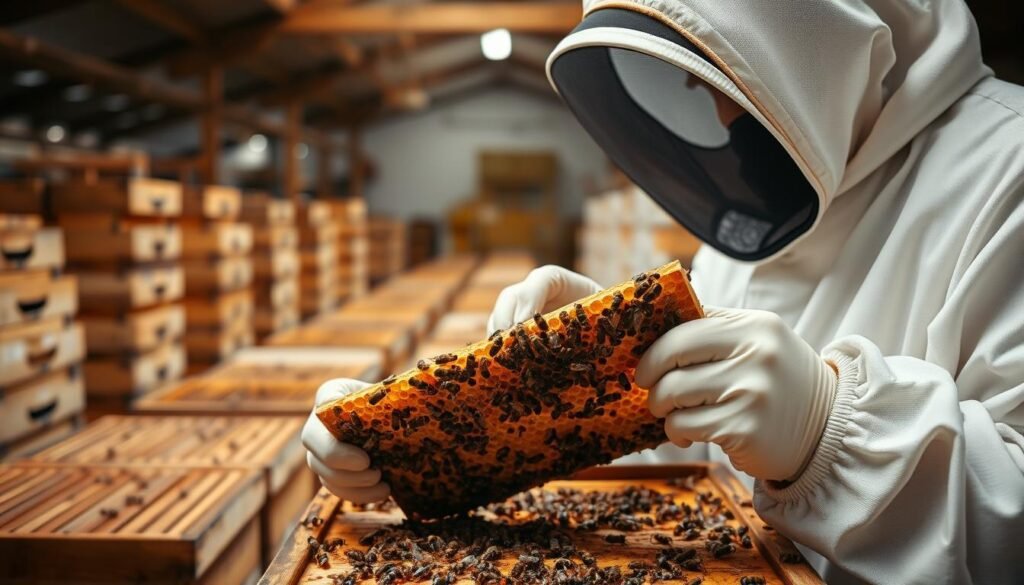 A well-lit apiary with a focus on a beekeeper's hands meticulously examining a honeycomb for signs of disease or infestation. The beekeeper wears a protective suit, gloves, and a veil, emphasizing the importance of personal hygiene and safety when handling a hive. The background features rows of stacked hive boxes, conveying the scale of a professional bee-breeding operation. The scene radiates a sense of diligence, attention to detail, and a commitment to maintaining the health and well-being of the colony.