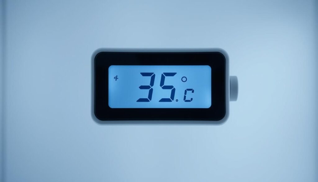 A well-lit, close-up photograph of a digital temperature display set to 35°C (95°F), the ideal incubation temperature for a bee research lab. The display is centered in the frame, with a clean, minimalist background that evokes a clinical, scientific environment. Subtle, diffused lighting illuminates the digital readout, making the temperature reading clear and easy to interpret. The overall composition conveys a sense of precision, control, and attention to detail - essential elements for maintaining a successful bee research micro-lab.
