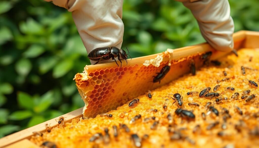 A well-lit, close-up photograph of a small hive beetle, showcasing its distinctive oval-shaped body and dark-colored shell. In the middle ground, a beekeeper's gloved hand gently lifts a comb from a beehive, revealing the presence of small hive beetles nestled between the honeycomb cells. In the background, lush, verdant foliage suggests a thriving outdoor apiary setting. The overall scene conveys the delicate balance of managing this common hive pest, with a focus on the beekeeper's role in identifying and addressing small hive beetle infestations.