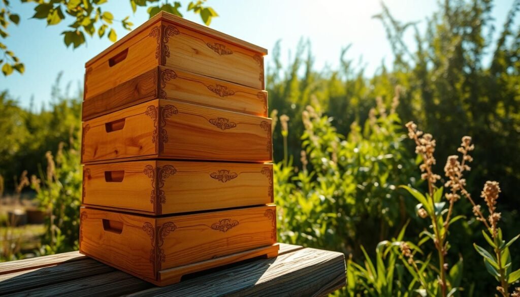 A well-lit, close-up shot of several wooden beehive supers stacked neatly in a countryside setting. The supers have a warm, golden-brown finish, with intricate carved patterns along their sides. Sunlight gently filters through the surrounding foliage, creating a soft, natural illumination. The supers are positioned on a weathered wooden surface, with a backdrop of lush greenery and a clear blue sky. The overall composition conveys a sense of harmony, highlighting the importance of providing the right amount of space for a thriving bee colony.