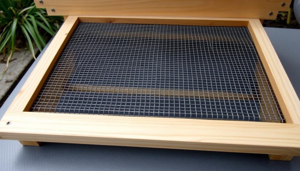 A well-lit, close-up view of a minimalist, wooden screened bottom board for a beehive, with a slatted design and a wire mesh screen underneath. The board is placed on a flat surface, perhaps a patio or a garden, with some natural elements like plants or grass in the background to provide context. The lighting is soft and diffuse, creating a sense of tranquility and highlighting the craftsmanship of the board. The angle showcases the functional details of the design, including the spacing between the slats and the tight weave of the wire mesh, emphasizing its role in ventilation, climate control, and pest management for a beehive.