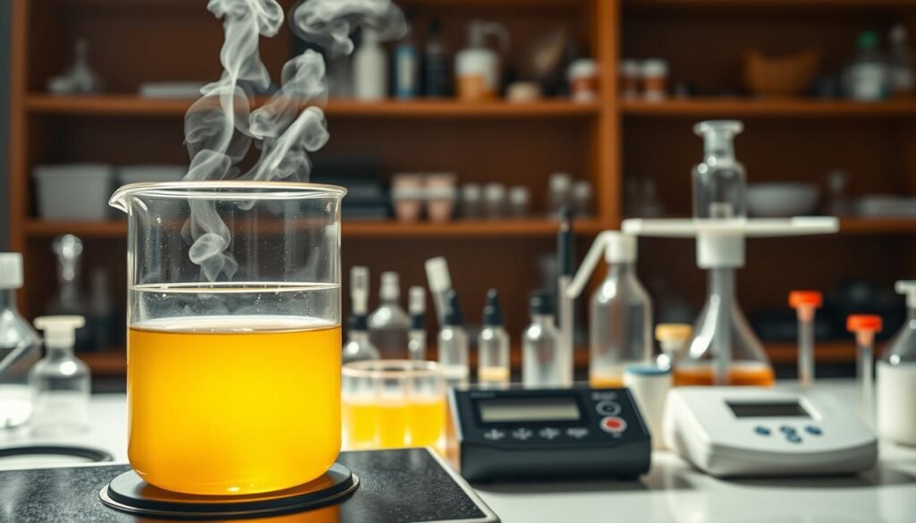 A well-lit, closeup view of a laboratory setup for extracting propolis. In the foreground, a glass beaker filled with a golden, viscous liquid sits on a hot plate, gently simmering. Delicate streams of steam rise from the solution, creating a sense of scientific inquiry. The middle ground showcases various laboratory equipment, such as pipettes, test tubes, and a digital scale, all arranged with meticulous precision. The background fades into a blurred backdrop of wooden shelves stocked with chemicals and glassware, suggesting a professional, well-equipped workspace. The lighting is warm and focused, highlighting the intricate details of the extraction process and conveying the nuanced chemistry involved in understanding regional propolis profiles.