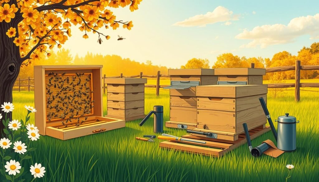 A well-lit, detailed illustration of a seasonal hive setup for U.S. beekeepers, showcasing the interior and exterior components. In the foreground, an open hive reveals a cluster of active honeybees, with frames of honeycomb and a feeder visible. In the middle ground, additional hive boxes, a smoker, and beekeeping tools are neatly arranged. The background depicts a verdant, pastoral scene with blooming flowers, a wooden fence, and a cloudless sky bathed in warm, golden light, creating a serene, autumnal atmosphere. The overall composition highlights the importance of proper hive ventilation and organization for the health and productivity of the colony.