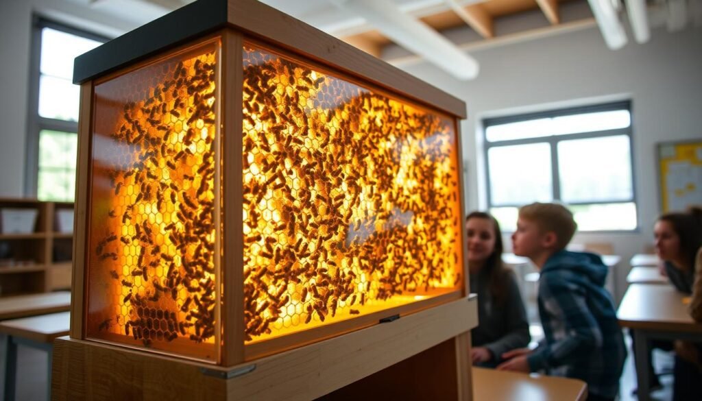 A well-lit, detailed observation hive with a transparent side panel, showcasing the intricate structure and activity of a thriving honeybee colony. The hive is situated in a bright, airy classroom setting, with natural light streaming in through large windows. Students lean in, captivated by the mesmerizing sight of the bees moving through their hexagonal comb, tending to their young and collecting nectar. The scene exudes a sense of scientific inquiry and educational wonder, perfectly suited to illustrate the setup and planning required for teaching beekeeping in schools.