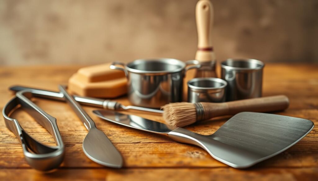 A well-lit, high-angle close-up shot of a carefully curated collection of essential tools for beeswax extraction. In the foreground, a pair of sturdy steel tongs, a sharp knife, and a heat-resistant spatula gleam against a warm, wooden surface. In the middle ground, a small melting pot, a thick-bristled brush, and a set of measuring cups stand ready. The background subtly fades into a muted, earthy tone, evoking the natural environment of the beekeeper's workshop. The overall mood is one of thoughtful preparation, with each tool positioned with purpose, ready to facilitate the intricate process of harvesting and refining beeswax.
