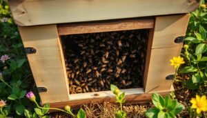 A well-lit, high-angle view of a traditional wooden beehive entrance, situated in a lush, verdant apiary