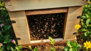 A well-lit, high-angle view of a traditional wooden beehive entrance, situated in a lush, verdant apiary