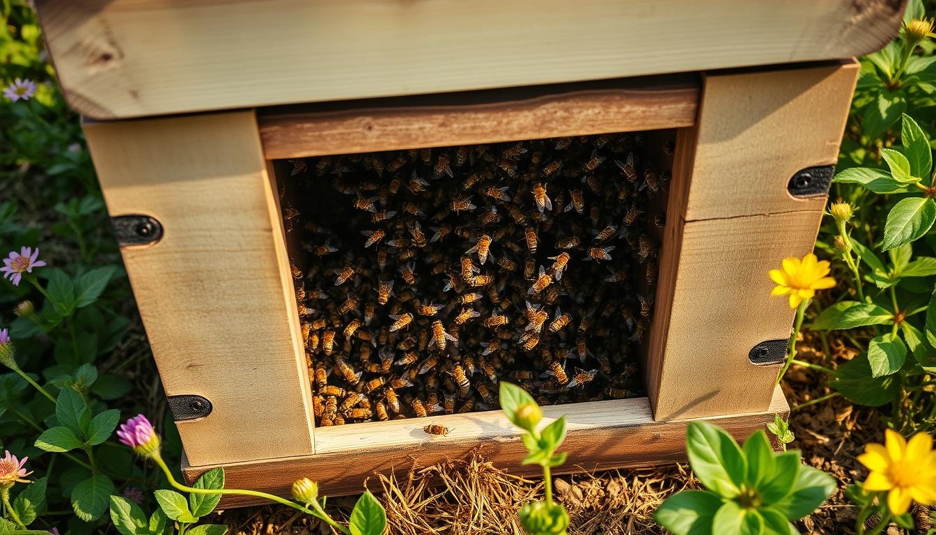 A well-lit, high-angle view of a traditional wooden beehive entrance, situated in a lush, verdant apiary