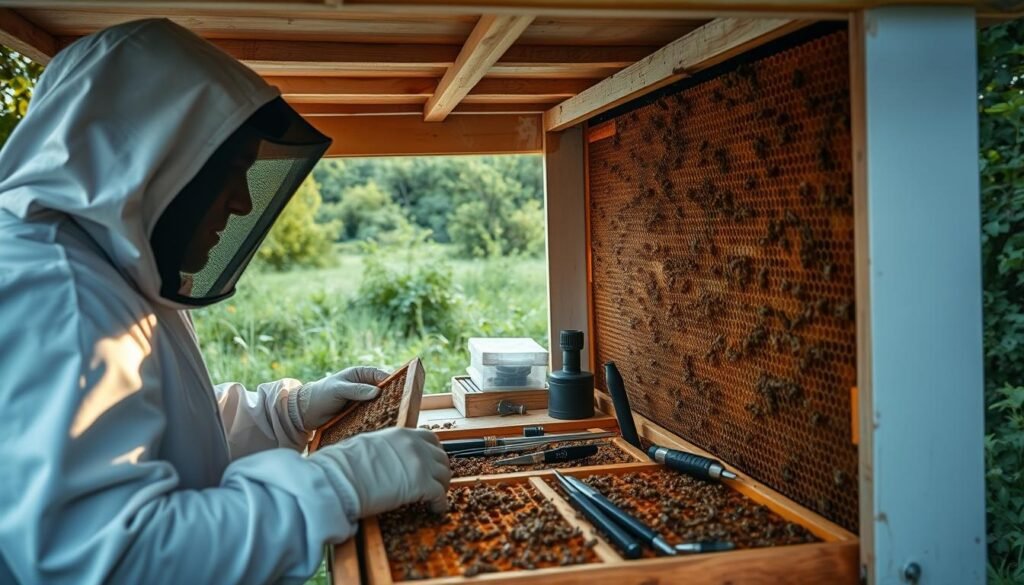 A well-lit, high-resolution image of a modern, organized beehive interior. In the foreground, a beekeeper in a white protective suit carefully inspects honeycomb frames, observing the intricate patterns of the comb and the activity of the bees. In the middle ground, a variety of beekeeping tools and equipment are neatly arranged, including a smoker, a honey extractor, and a microscope. In the background, the hive's exterior is visible, showcasing the complex, geometric structure of the hive and the lush, verdant landscape surrounding it. The overall scene conveys a sense of scientific inquiry, precision, and a harmonious integration of technology and nature in the practice of sustainable hive management and integrated pest control.