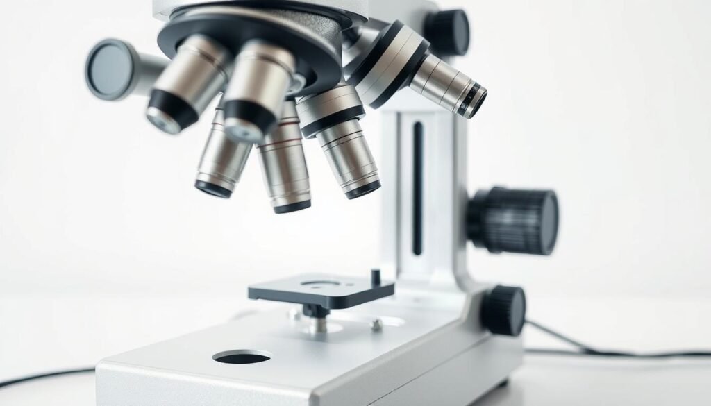 A well-lit, high-resolution image of a professional-grade stereo microscope setup with a sturdy metal frame and precision optics. The microscope is prominently displayed on a clean, uncluttered tabletop, casting a soft, even illumination across the scene. The focus is on the magnifying lenses, allowing the viewer to clearly see the intricate details and mechanics of the instrument. The overall atmosphere is one of scientific precision and attention to detail, suitable for illustrating the essential tools required for pollen identification.