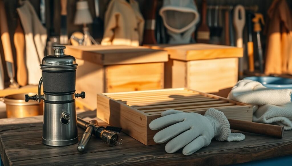A well-lit, high-resolution image of an assortment of essential beekeeping equipment arranged artfully on a rustic wooden surface. In the foreground, a classic smoker, a metal bee hive tool, and a pair of beekeeping gloves. In the middle ground, a fully assembled Langstroth beehive box with frames, and a traditional bee veil. In the background, a variety of other tools like a hive brush, a frame grip, and a bee suit hanging on a rack. Soft natural lighting casts warm shadows, creating a cozy, professional atmosphere that showcases the practical, time-honored nature of this beekeeping setup. A well-lit, high-resolution image of an assortment of essential beekeeping equipment arranged artfully on a rustic wooden surface. In the foreground, a classic smoker, a metal bee hive tool, and a pair of beekeeping gloves. In the middle ground, a fully assembled Langstroth beehive box with frames, and a traditional bee veil. In the background, a variety of other tools like a hive brush, a frame grip, and a bee suit hanging on a rack. Soft natural lighting casts warm shadows, creating a cozy, professional atmosphere that showcases the practical, time-honored nature of this beekeeping setup.
