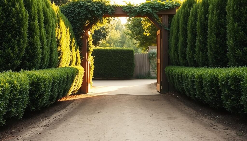 A well-maintained, gently sloping path leads towards a rustic wooden archway, adorned with cascading vines and lush greenery. The entryway is flanked by neatly trimmed hedges, creating a sense of inviting seclusion. Warm, natural light filters through the archway, casting a soft, golden glow on the scene. The ground is level and covered in smooth, compacted earth, providing a solid foundation for a beehive installation. The overall atmosphere is one of tranquility and harmony, setting the stage for a successful and sustainable residential beehive project.