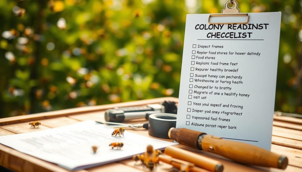 A well-organized colony readiness checklist on a crisp, clean document. The foreground features a detailed list of key tasks, such as inspecting frames, replenishing food stores, and ensuring healthy brood. The middle ground showcases beekeeping tools and equipment, meticulously arranged. In the background, a softly blurred apiary scene with buzzing bees and lush greenery creates a serene, naturalistic atmosphere. The lighting is soft and diffused, casting a warm glow over the entire composition. Captured with a wide-angle lens to provide a comprehensive view, the image conveys a sense of methodical preparation and care for the colony's wellbeing before any honey harvesting begins.