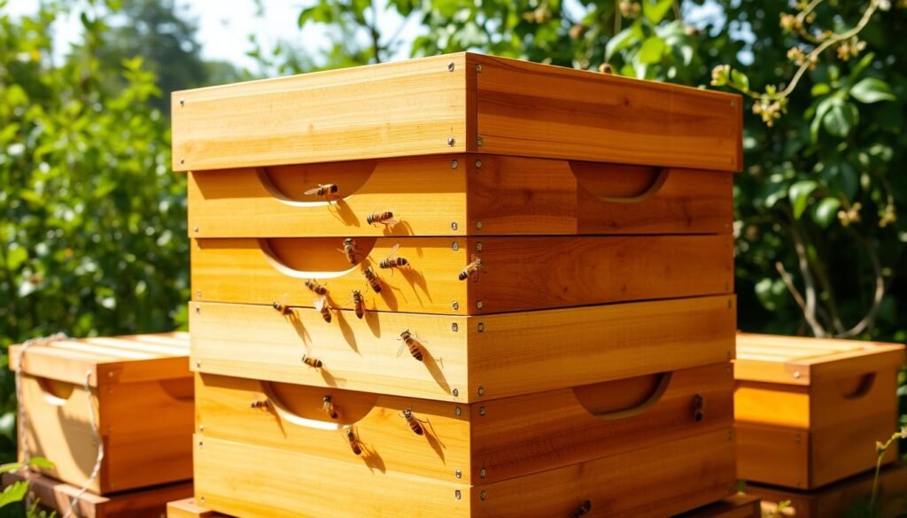 A well-organized, standardized hive composed of interlocking, modular boxes with uniform dimensions. The hive stands in a sunlit apiary, surrounded by lush greenery and buzzing activity. The exterior is a warm, golden-hued wood, with clean lines and a symmetrical layout. The hive's frames are visible through the transparent observation windows, allowing for easy inspection. Bees diligently move in and out of the entrance, carrying pollen and nectar. Soft, diffused lighting casts gentle shadows, creating a sense of order and efficiency. The overall impression is one of a thoughtfully designed, highly productive hive system optimized for apiary management.