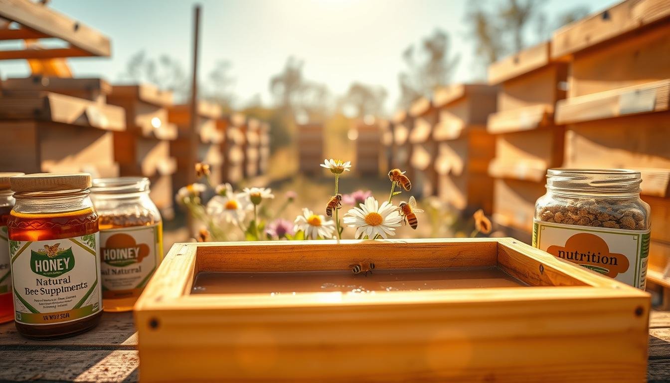 A wooden entrance-style beekeeping feeder shown with jars, illustrating the simple inverted-jar mechanism a Boardman feeder uses to deliver syrup at the hive entrance