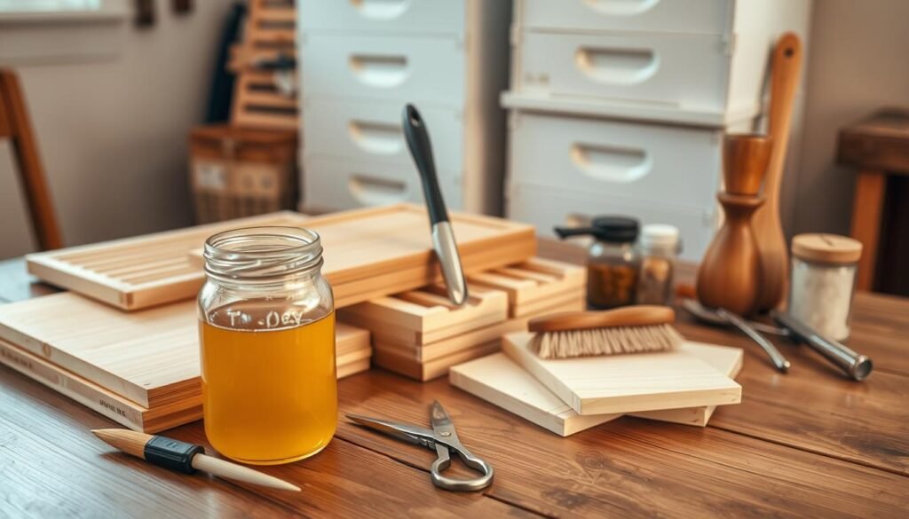 A wooden table with various beekeeping supplies arranged neatly. In the foreground, a jar of raw honey, a paintbrush, and a small pair of scissors. In the middle ground, a stack of wooden frames, a smoker, and a bee brush. In the background, a stack of white Langstroth hive boxes, a hive tool, and a small jar of beeswax. The lighting is soft and natural, creating a warm and inviting atmosphere. The scene is photographed from a slightly elevated angle, highlighting the well-organized and purposeful arrangement of the materials.