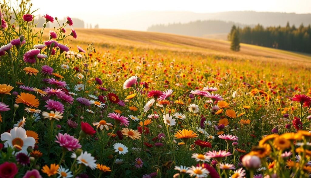 An abundant field of vibrant, diverse floral resources in soft afternoon light. In the foreground, a lush, textured arrangement of colorful blooms - roses, daisies, lilies, and more - swaying gently in a light breeze. The middle ground reveals a rolling meadow filled with a variety of wildflowers, their petals catching the golden sun. In the distance, a hazy forest edge frames the scene, creating a sense of depth and natural tranquility. The overall mood is one of verdant abundance and serene natural beauty, perfectly suited to illustrate the mechanisms of cross-species virus transmission among wild and managed bees.