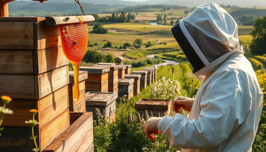 An artfully composed scene of honey harvesting in a traditional apiary. In the foreground, a beekeeper in a white protective suit carefully extracts a dripping honeycomb from a wooden hive, the golden liquid glistening under the warm afternoon sunlight. In the middle ground, rows of stacked, weathered hives sit amidst lush, blooming wildflowers, their buzzing inhabitants diligently at work. The background features a bucolic pastoral landscape, with rolling hills, a winding stream, and a distant, hazy treeline. The overall mood is one of tranquility, industry, and the bountiful rewards of nature's sweet nectar.