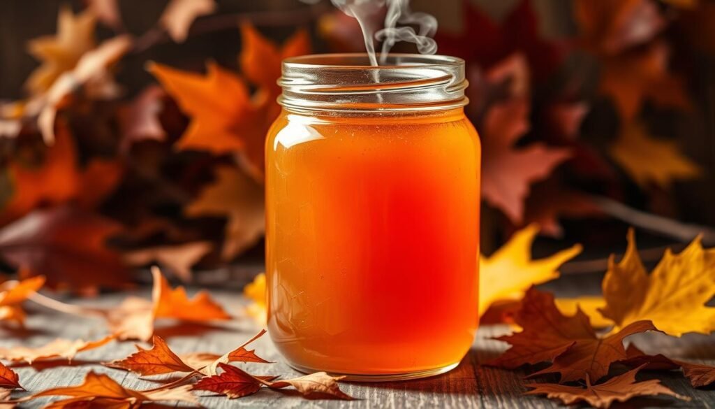 An autumnal still life with a glass jar of thick, amber-hued fall honey. The jar is highlighted by warm, soft lighting, casting a gentle glow on the intricate honeycomb structure visible through the glass. In the background, a scattering of fall leaves in rich ochre, burgundy, and gold tones create a cozy, earthy atmosphere. Delicate wisps of steam rise from the honey, hinting at its complex, robust flavor profile. The overall scene conveys the seasonal transition, the honey's increased mineral content, and its heightened antioxidant potential.