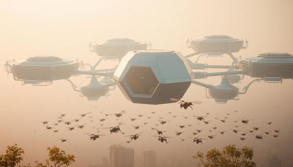 An ethereal, visually striking scene of the Apisolis system, a futuristic apiary complex suspended in a hazy, dreamlike atmosphere. In the foreground, a gleaming, hexagonal central structure floats effortlessly, its smooth metallic surfaces reflecting the soft, ambient lighting. Surrounding it, a intricate network of interconnected habitats and processing modules, their organic, honeycomb-inspired forms blending seamlessly with the advanced technology. In the middle ground, swarms of robotic pollinator drones glide gracefully between the modular structures, their movements choreographed and efficient. The background fades into a misty, indistinct horizon, hinting at the scale and scope of this advanced, sustainable beekeeping system. A serene, almost otherworldly scene that captures the essence of the "Apisolis Option" for hive management.