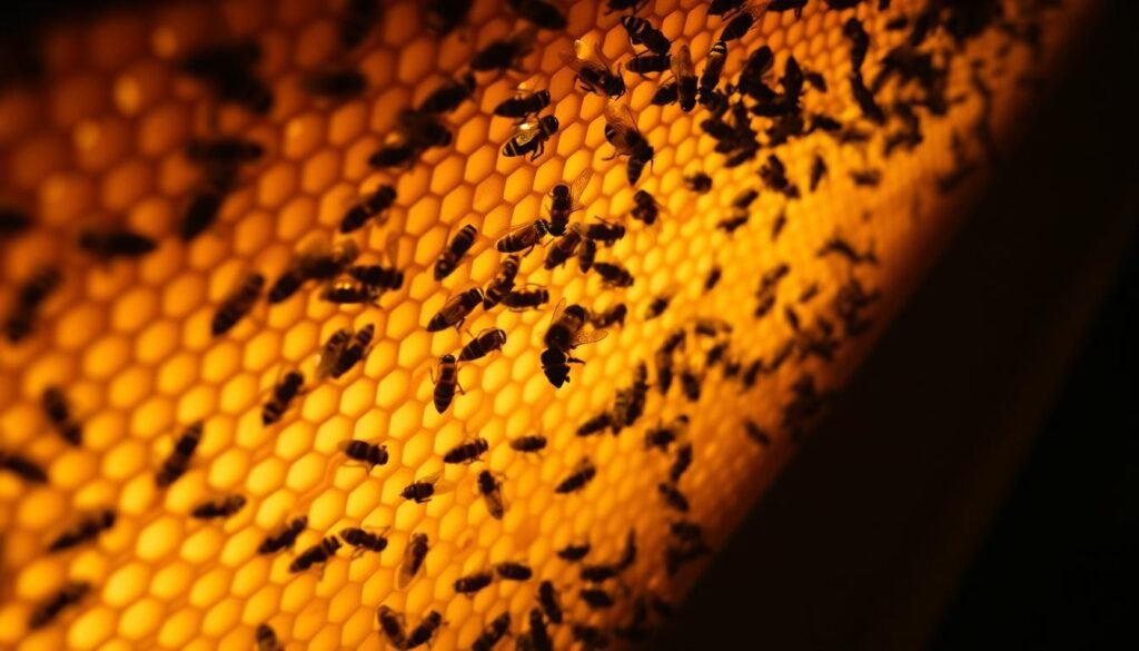 An expansive, dimly lit beehive interior, the focal point being a group of undertaker bees diligently removing a dead larva from the comb. The hive's intricate hexagonal structure is illuminated by soft, warm lighting, casting an amber glow across the scene. The undertaker bees, with their distinct dark coloration, are meticulously inspecting and cleaning the comb, maintaining the hive's pristine hygiene. In the background, worker bees can be seen tending to their various duties, creating a sense of organized activity within the hive. The overall atmosphere is one of industrious, solemn purpose, capturing the essential role of the undertaker bees in keeping the colony healthy and disease-free.