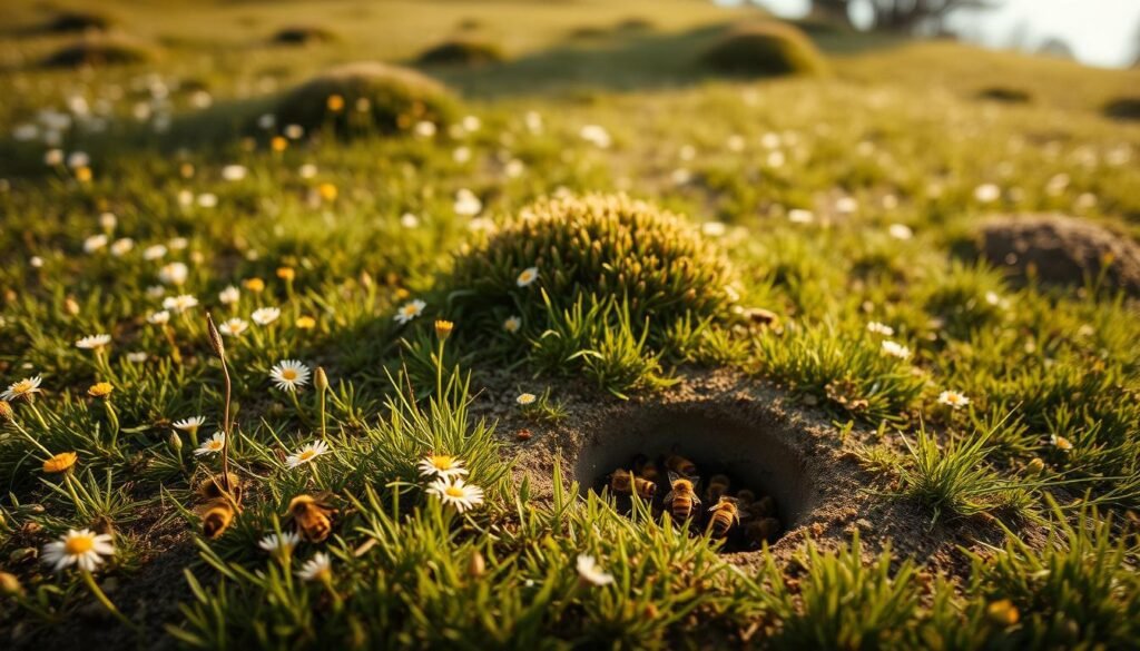 An expansive, sun-dappled meadow, its lush carpet of wildflowers punctuated by low, grassy hummocks. In the foreground, a close-up view of a ground-nesting bee colony, its residents busily circulating around the entrance to their underground burrow. The scene is bathed in warm, golden light, with soft shadows playing across the terrain. The camera angle is slightly elevated, giving a sense of the bees' habitat within the broader landscape. The overall mood is one of serene, natural harmony, highlighting the delicate balance of this essential pollinator's home. An expansive, sun-dappled meadow, its lush carpet of wildflowers punctuated by low, grassy hummocks. In the foreground, a close-up view of a ground-nesting bee colony, its residents busily circulating around the entrance to their underground burrow. The scene is bathed in warm, golden light, with soft shadows playing across the terrain. The camera angle is slightly elevated, giving a sense of the bees' habitat within the broader landscape. The overall mood is one of serene, natural harmony, highlighting the delicate balance of this essential pollinator's home.