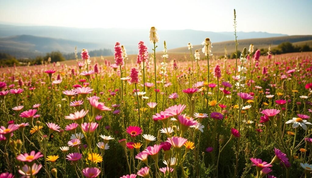 An expansive, sun-drenched field of vibrant flowering plants in full bloom, with a soft, hazy background of rolling hills and a clear blue sky. In the foreground, a lush array of delicate petals in a variety of colors - pink, purple, yellow, and white - swaying gently in a light breeze. The middle ground features clusters of tall, stately blooms reaching towards the sun, their stems and leaves casting gentle shadows on the ground. The lighting is warm and natural, creating a golden, ethereal atmosphere that evokes a sense of tranquility and abundance. The overall composition suggests an idyllic, bountiful scene that would be perfect for illustrating a section on planning for higher honey yields.