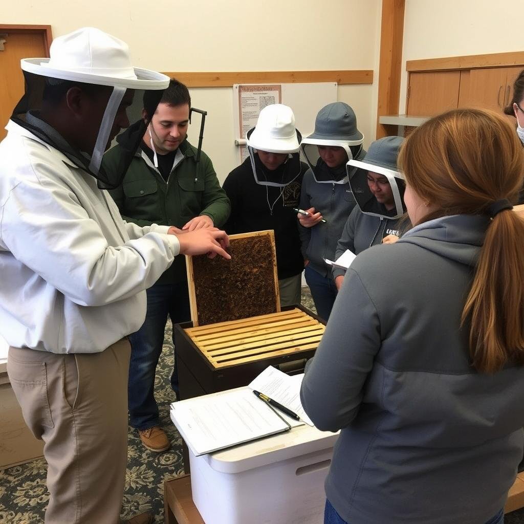 An instructor teaching a hands-on backyard beekeeping class to beginners