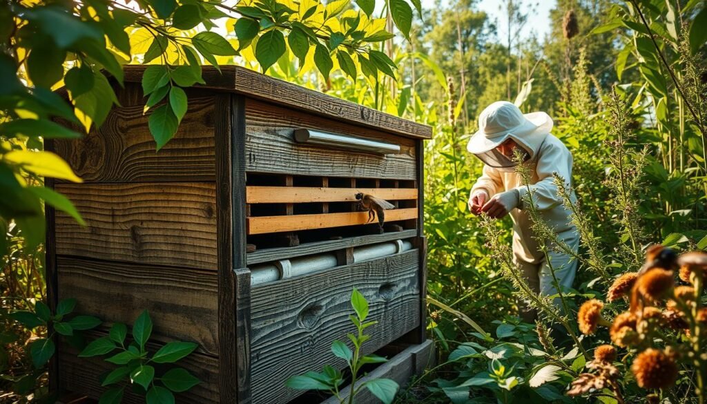 An integrated pest management hive surrounded by lush, verdant vegetation. The hive's exterior is a weathered, wooden structure with intricate detailing, its surface textured and aged. Sunlight filters through the leaves, casting a warm, golden glow across the scene. Beekeepers, in their protective gear, tend to the hive, examining the frames and monitoring the colony's health. In the background, a diverse array of native flora and fauna create a harmonious, eco-friendly environment. The overall atmosphere conveys a sense of balance, sustainability, and the delicate interplay between human stewardship and the natural world.
