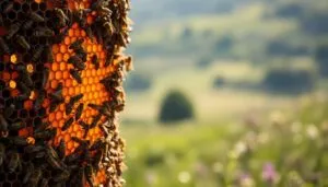 Honeybees covering capped and open honeycomb, with a green hillside meadow in the background
